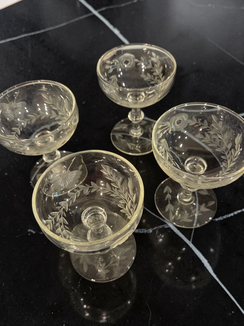Vintage Clear Etched Glass Dessert Coupes - Set of 4